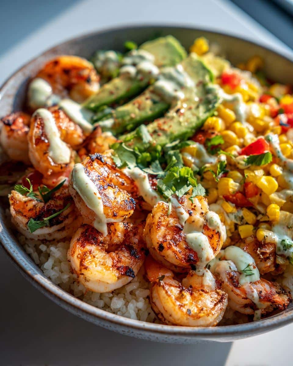 Grilled Shrimp Bowl with Avocado, Corn Salsa & Creamy Garlic Sauce - detail 1