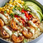 Grilled Shrimp Bowl with Avocado, Corn Salsa & Creamy Garlic Sauce