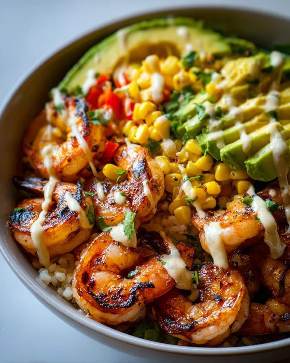 Grilled Shrimp Bowl with Avocado, Corn Salsa & Creamy Garlic Sauce - detail 2