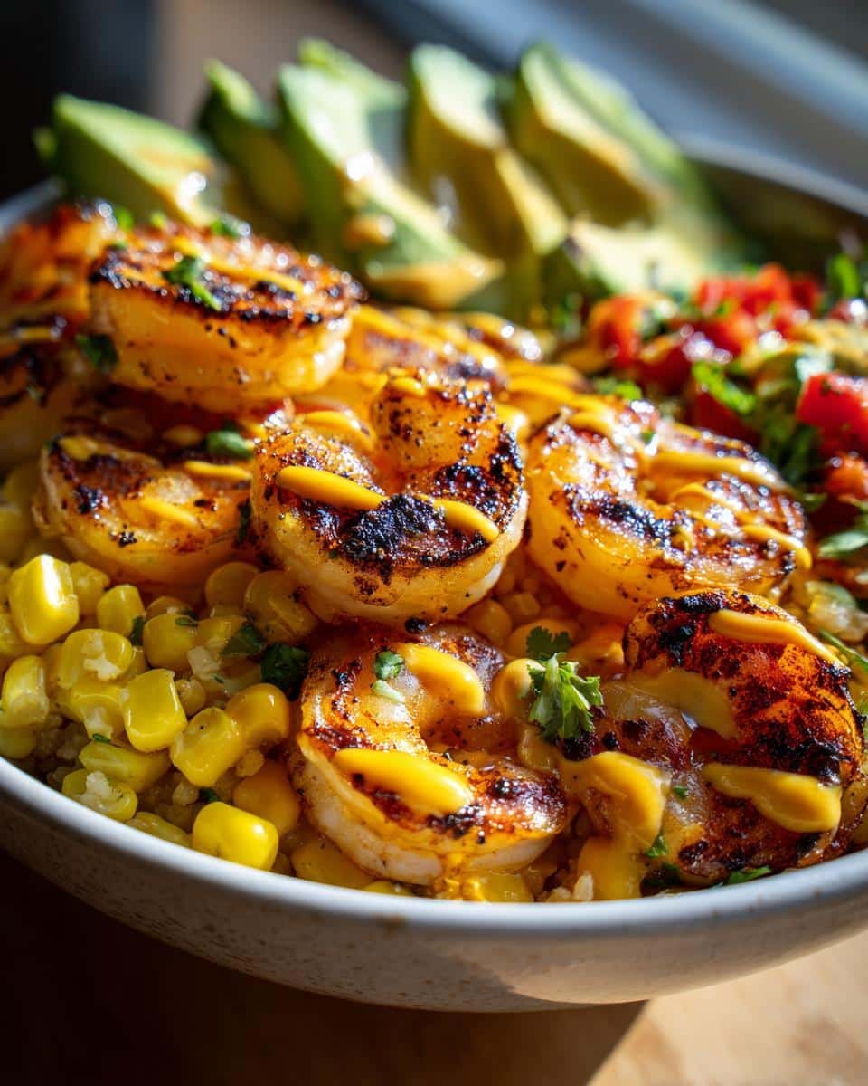 Grilled Shrimp Bowl with Avocado, Corn Salsa & Creamy Garlic Sauce - detail 3